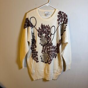 Vintage Viti Cream Angora Lambswool Beaded Tassel Animal Print Sweater Womens‎ M